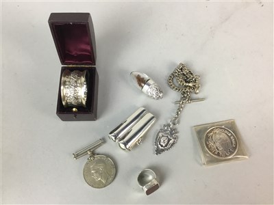 Lot 40 - TWO AMBER CHERUTE HOLDERS IN A CASE, SILVER NAPKIN RING, VINAIGRETTE, WATCH CHAIN AND GENT'S RING