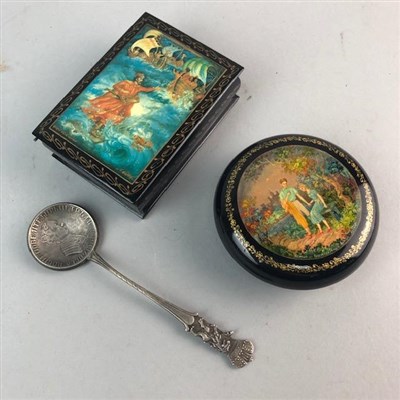 Lot 89 - A RUSSIAN SPOON AND TWO RUSSIAN LACQUERED BOXES