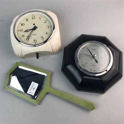 Lot 90 - A SMITHS BAKELITE WALL CLOCK, BAROMETER AND A HAND MIRROR