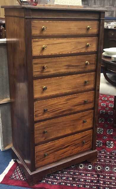 Lot 134 - AN INLAID MAHOGANY TALL CHEST OF DRAWERS