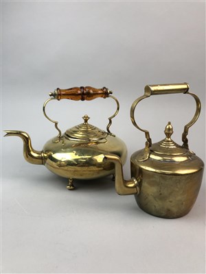 Lot 112 - A VICTORIAN BRASS TODDY KETTLE, BRASS CANDLESTICKS, ANOTHER KETTLE AND A MODEL RACING CAR