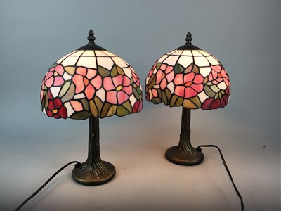 Lot 114 - A PAIR OF TIFFANY STYLE TABLE LAMPS AND TWO CEILING SHADES