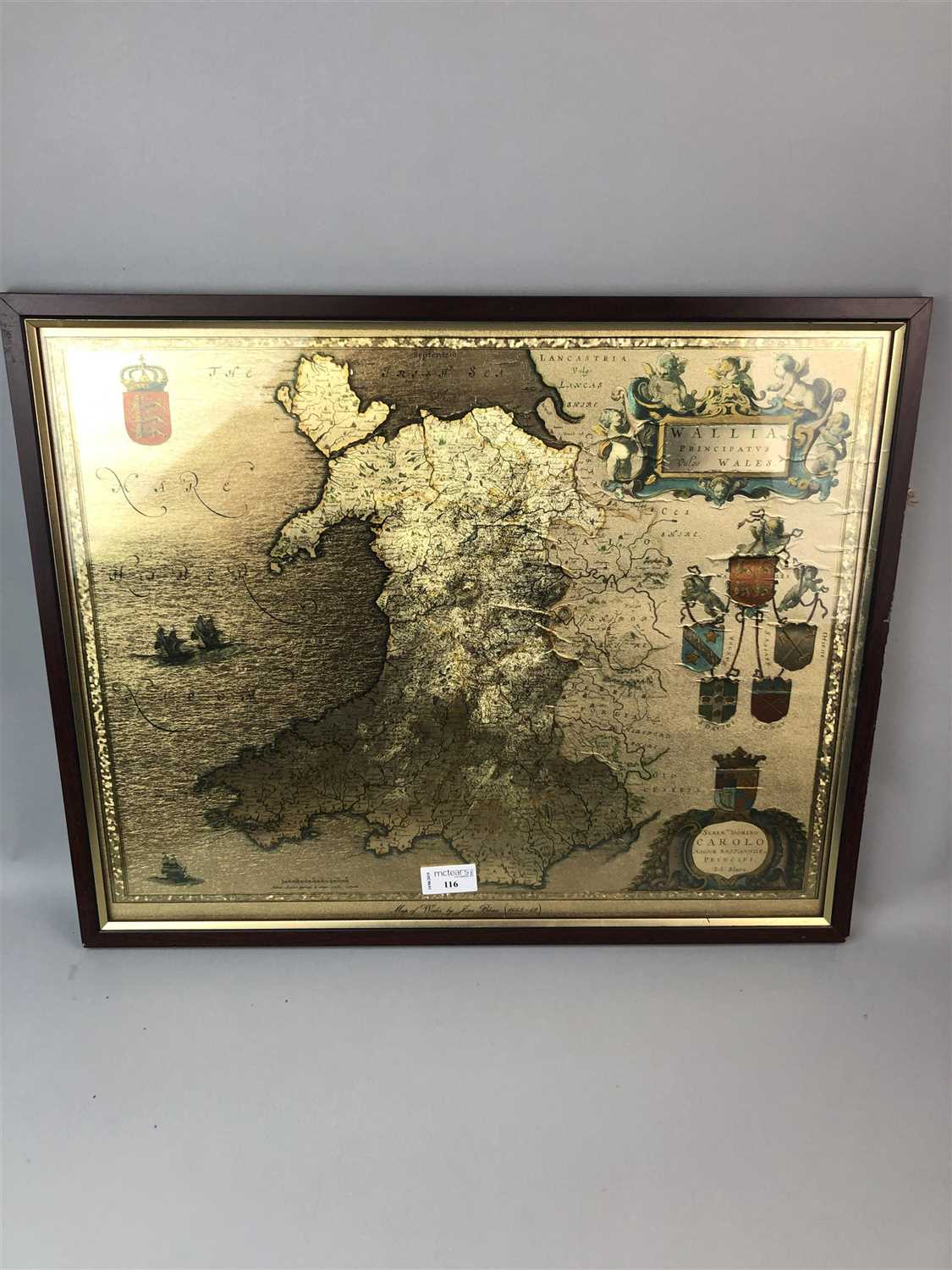 Lot 116 - A REPRODUCTION SHIPS' STYLE TIMEPIECE, MAP OF WALES AND A EMBOSSED COPPER PANEL