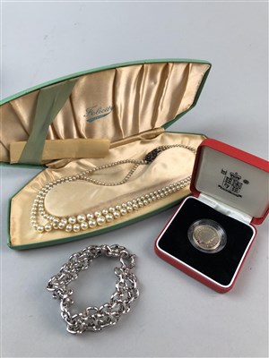 Lot 230 - A SILVER BANGLE, SILVER PROOF £1 COIN AND A COLLECTION OF COSTUME JEWELLERY