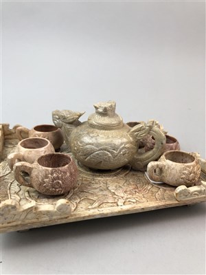 Lot 150 - A CHINESE SOAPSTONE TEA SET AND A CHINESE PLATE
