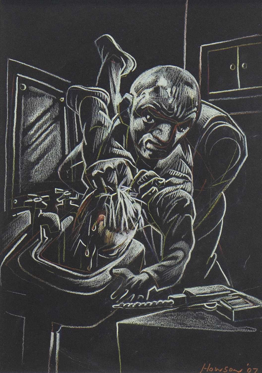 Lot 571 - HADGEY'S HAMMER HORROR, A PASTEL BY PETER HOWSON