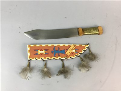 Lot 243 - A REPLICA NATIVE AMERICAN HUNTING KNIFE, OTHER KNIVES, A SWORD AND A BOOMERANG