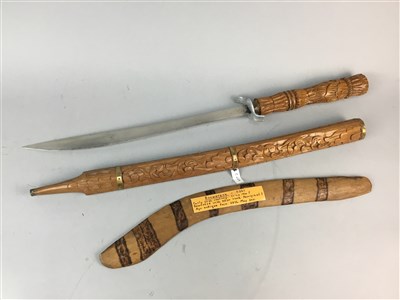 Lot 243 - A REPLICA NATIVE AMERICAN HUNTING KNIFE, OTHER KNIVES, A SWORD AND A BOOMERANG