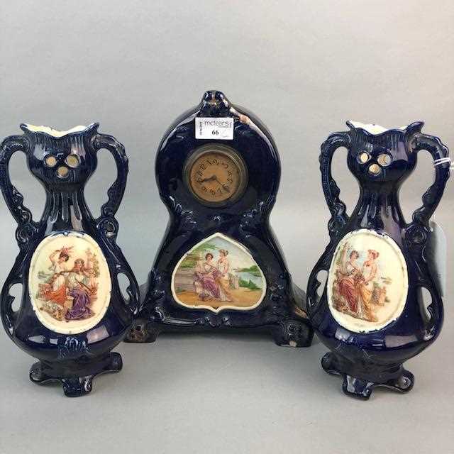 Lot 66 - A CERAMIC CLOCK GARNITURE AND OTHER CERAMICS