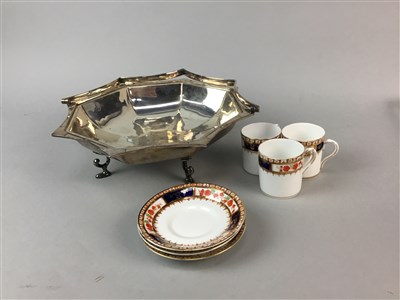 Lot 184 - A SILVER PLATED CRUET, A CENTREPIECE AND THREE STAFFORDSHIRE COFFEE CANS AND SAUCERS