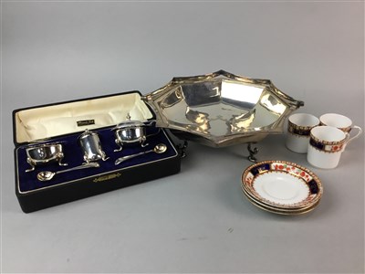 Lot 184 - A SILVER PLATED CRUET, A CENTREPIECE AND THREE STAFFORDSHIRE COFFEE CANS AND SAUCERS