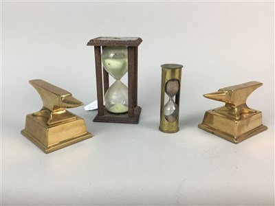 Lot 354 - A TRENCH ART ASHTRAY, MINER'S BRASS LAMP, SAND TIMERS AND OTHER BRASS WARES