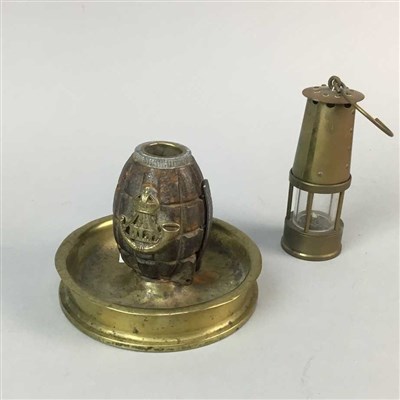 Lot 354 - A TRENCH ART ASHTRAY, MINER'S BRASS LAMP, SAND TIMERS AND OTHER BRASS WARES