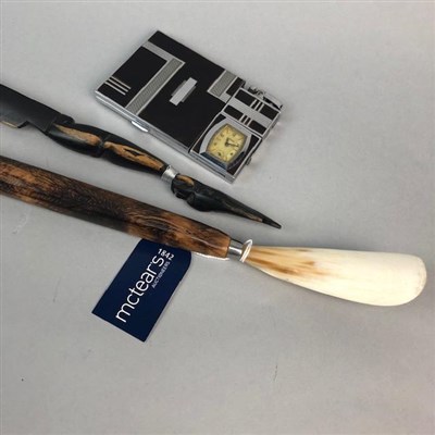 Lot 65 - AN ENAMELLED RONSON LIGHTER, CARVED LETTER OPENER, SHOE HORN AND OTHER ITEMS
