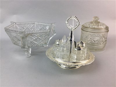 Lot 71 - A 20TH CENTURY PLATE AND CRYSTAL CRUET SET, A BOWLER HAT AND OTHER PLATED ITEMS
