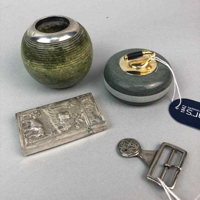 Lot 48 - A LOT OF TWO VESTAS, A CURLING STONE DESK WEIGHT AND A BUCKLE
