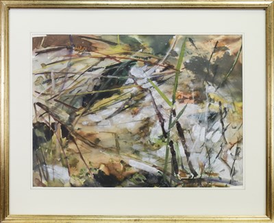 Lot 636 - BUBBLING WATER AND REEDS, A WATERCOLOUR BY SHONA BARR