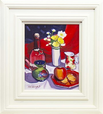 Lot 657 - STUDY WITH FLOWERS AND RED APPLE, AN OIL BY FRANK COLCLOUGH