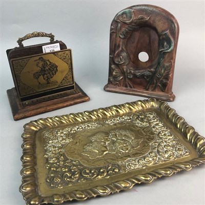 Lot 129 - A VICTORIAN BRASS TRAY, A PHOTOGRAPH FRAME AND A BRASS LETTER RACK