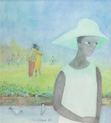 Lot 553 - THE GREEN HAT, A WATERCOLOUR BY PAT EDGAR