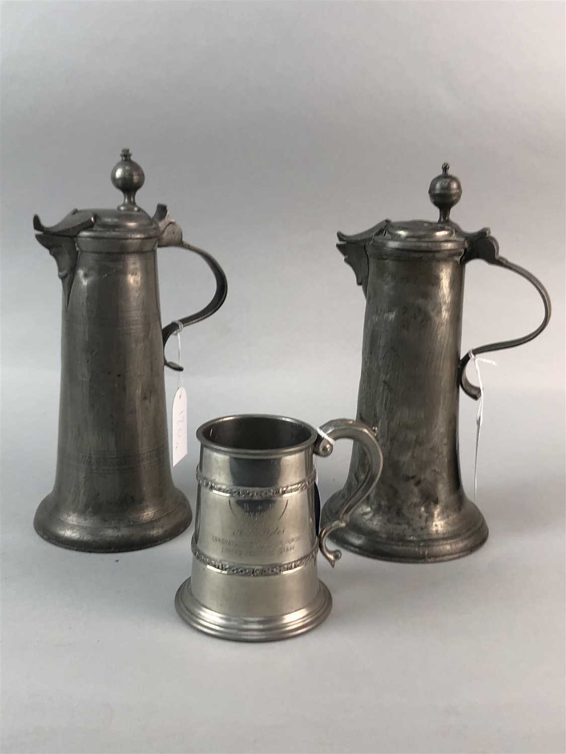 Lot 120 - A PAIR OF PEWTER TAPPIT HENS, A TANKARD AND FOUR MUGS