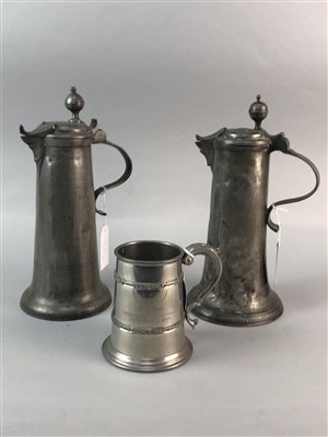 Lot 120 - A PAIR OF PEWTER TAPPIT HENS, A TANKARD AND FOUR MUGS