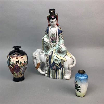 Lot 40 - A JAPANESE SATSUMA VASE, CHINESE FIGURE OF A FEMALE AND A CLOISONNE VASE AND BOWL