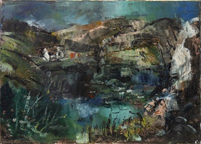Lot 517 - HIGHLANDS LANDSCAPE WITH LOCH AND COTTAGE, AN OIL BY HAMISH LAWRIE