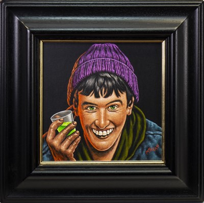 Lot 650 - MICK FROM STILL GAME, AN OIL BY GRAHAM MCKEAN