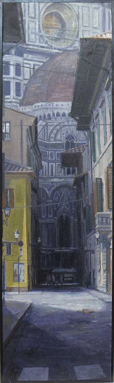 Lot 658 - FLORENCE FROM VIA DEL SERVI, AN OIL BY NICK LAW