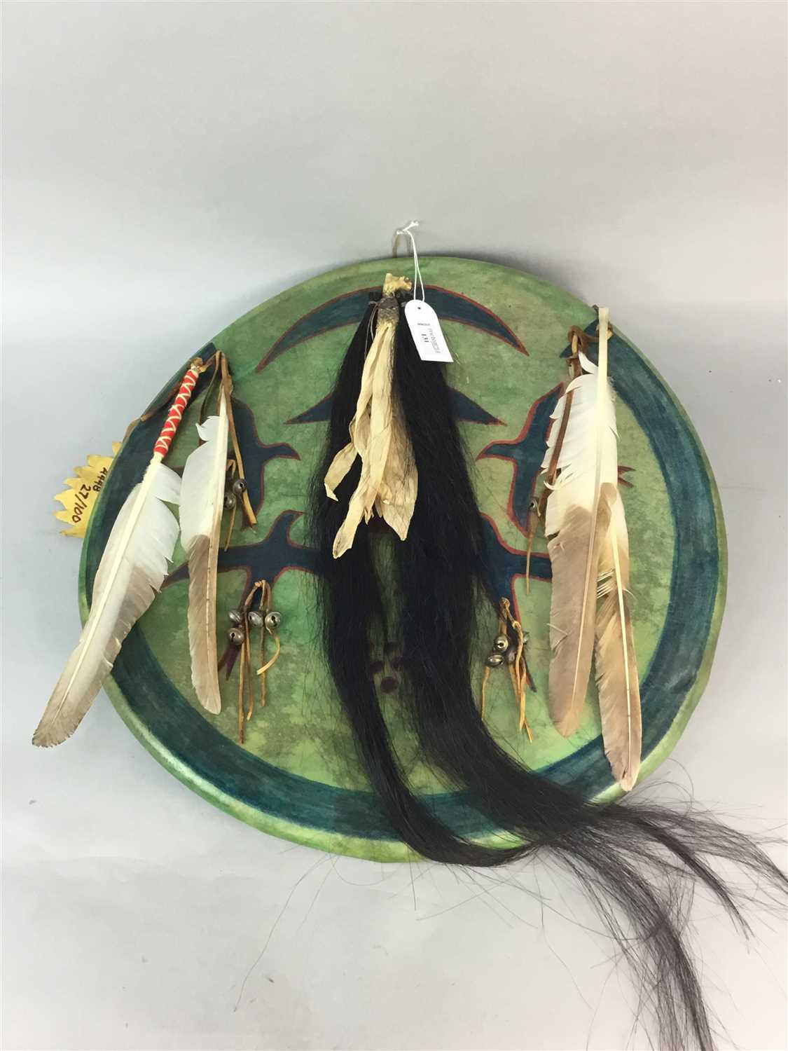Lot 131 - A REPLICA SHAWNEE WARSHIELD, ARROWS AND A CHILD'S BOW