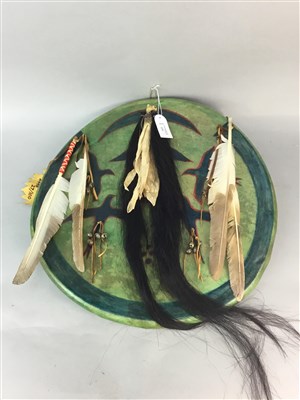 Lot 131 - A REPLICA SHAWNEE WARSHIELD, ARROWS AND A CHILD'S BOW