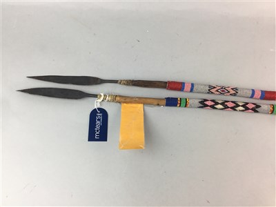 Lot 134 - A LOT OF TWO REPLICA AFRICAN NATIVE SPEARS AND A JAPANESE WALKING STICK
