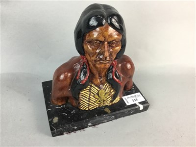 Lot 135 - A PAINTED CAST METAL BUST OF AN AMERICAN INDIAN, FOUR SMALL TOTEMS AND A WOODEN TRAY