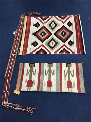 Lot 137 - A NAVAJO RUG, THROW AND A WOVEN BELT