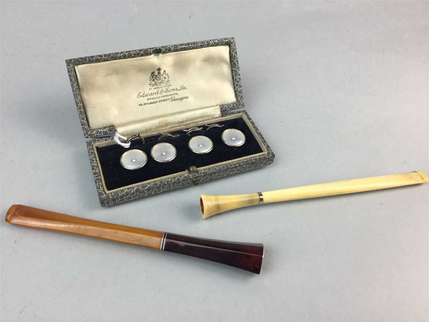 Lot 25 - A SET OF FOUR DRESS STUDS, TWO CIGARETTE HOLDERS , LEATHER CIGAR AND CIGARETTE CASE
