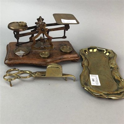 Lot 240 - A SET OF BRASS SCALES AND BRASS CANDLE SNUFFERS ON TRAY