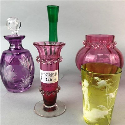 Lot 246 - A MINIATURE CRANBERRY GLASS VASE AND OTHER COLOURED GLASS ITEMS