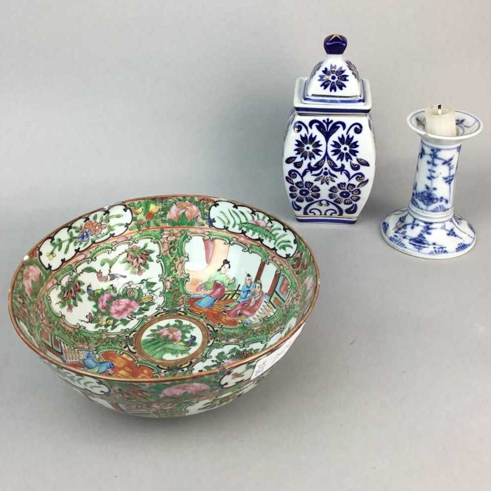 Lot 253 - A CHINESE BOWL, DWARF CANDLE STICK , JAR AND COVER AND A KOREAN PICTURE