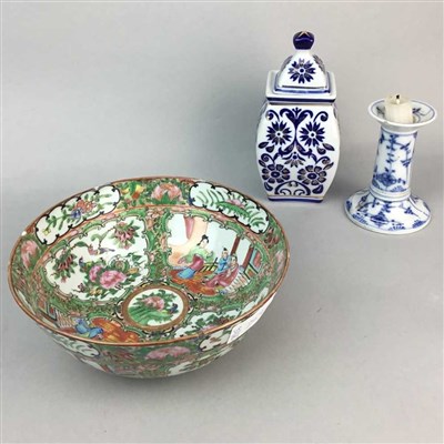 Lot 253 - A CHINESE BOWL, DWARF CANDLE STICK , JAR AND COVER AND A KOREAN PICTURE