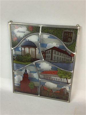 Lot 260 - A STAINED GLASS PICTURE OF ALZENAU, COPPER WALL HANGING AND PRINTS