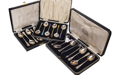 Lot 879 - THREE CASED SETS OF SILVER SPOONS INCLUDING ENAMELLED COFFEE SPOONS