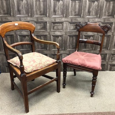 Lot 278 - A MAHOGANY DINING CHAIR AND A CARVER CHAIR