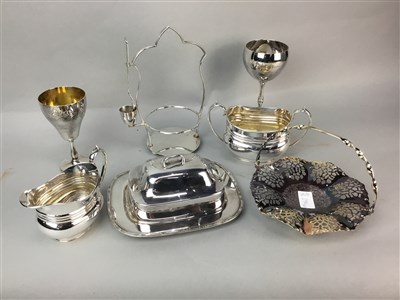 Lot 294 - A SILVER PLATED THREE PIECE TEA SERVICE AND OTHER PLATED ITEMS