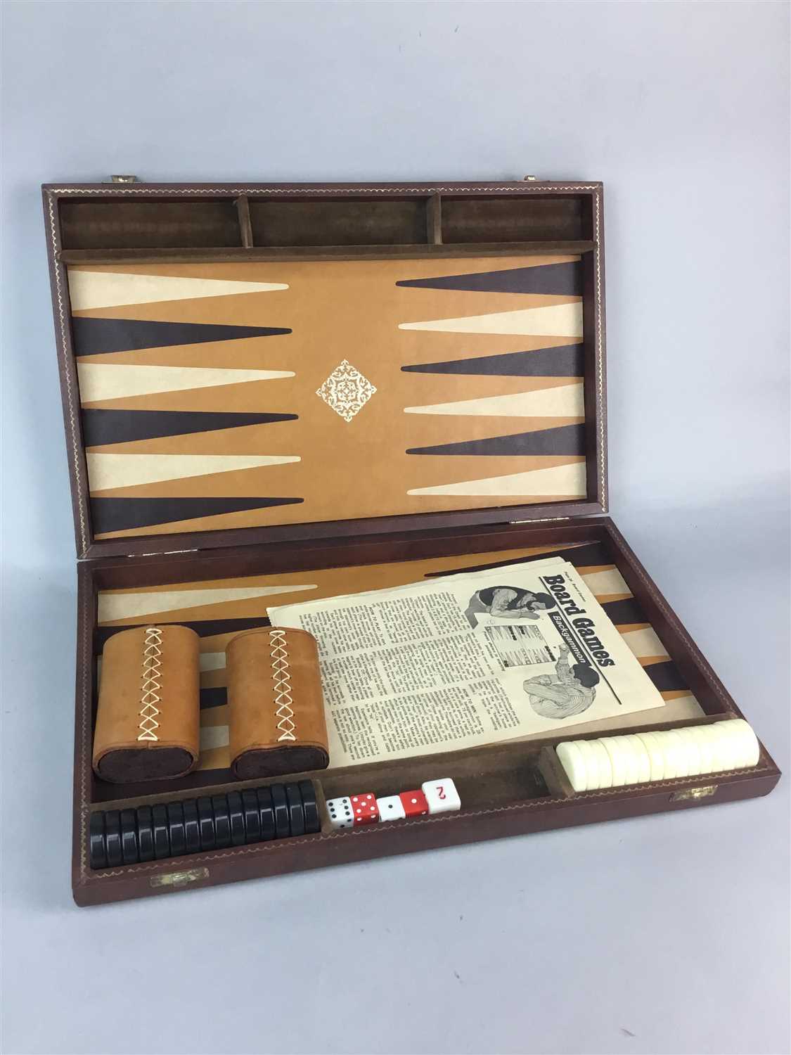 Lot 296 - A MODERN BACKGAMMON SET, METAL LETTER RACK AND GLASS DISHES