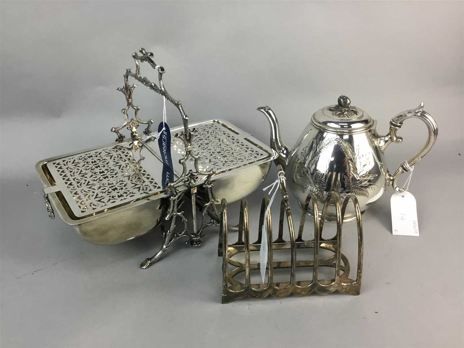 Lot 14 - A SILVER PLATED, COFFEE POT, TOAST RACK AND