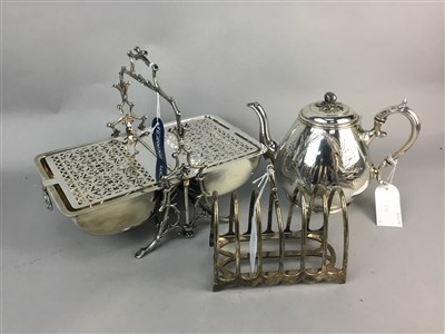 Lot 14 - A SILVER PLATED, COFFEE POT, TOAST RACK AND BISCUIT BOX