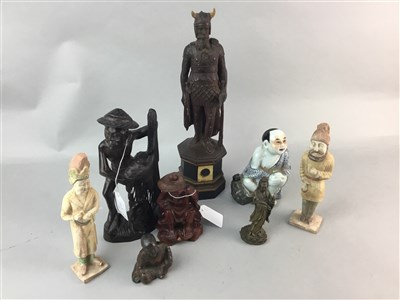 Lot 147 - A CHINESE CARVED WOOD FIGURE OF A FISHERMAN AND OTHER FIGURES