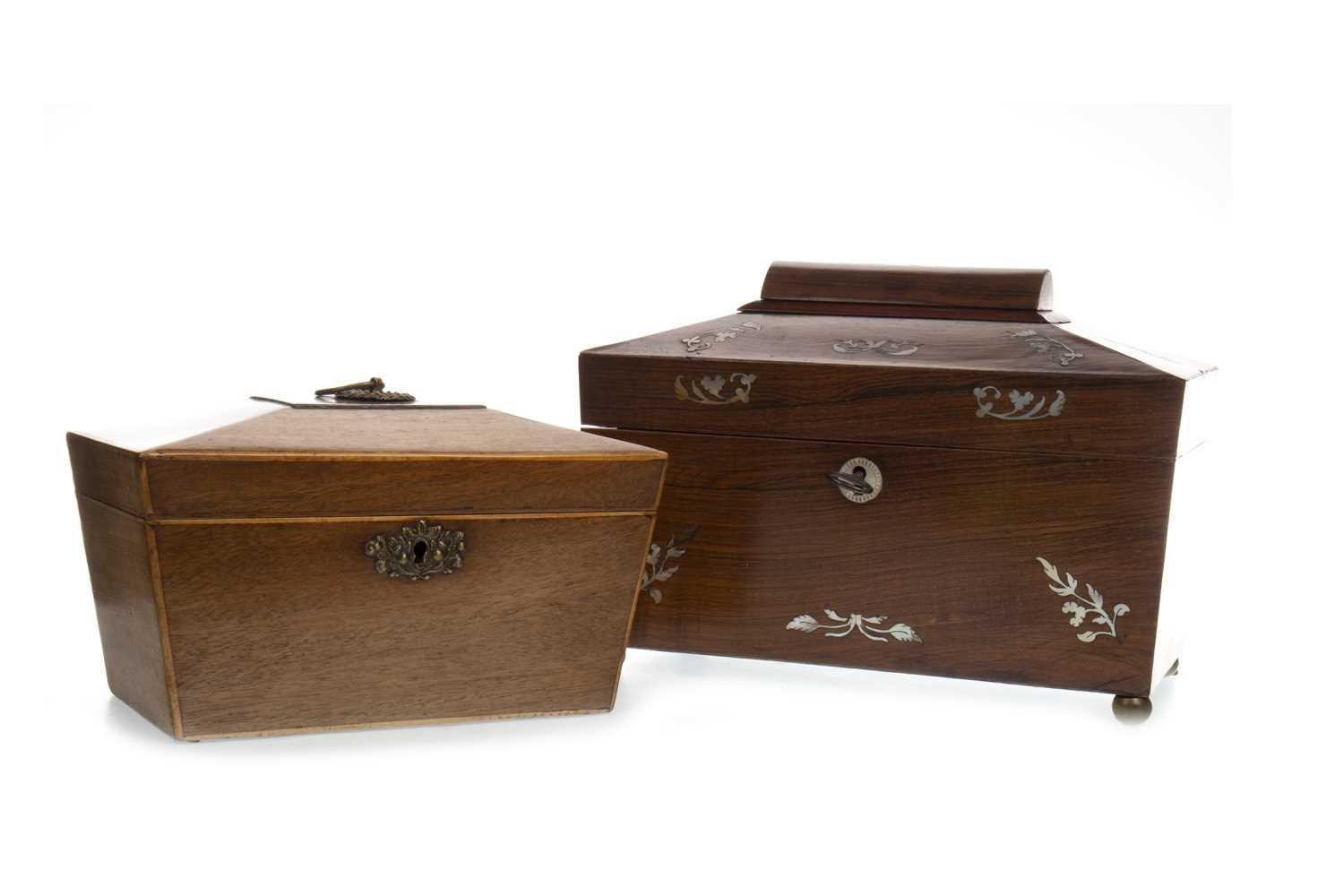 Lot 1668 - A MOTHER OF PEARL INLAID ROSEWOOD TEA CADDY AND ANOTHER