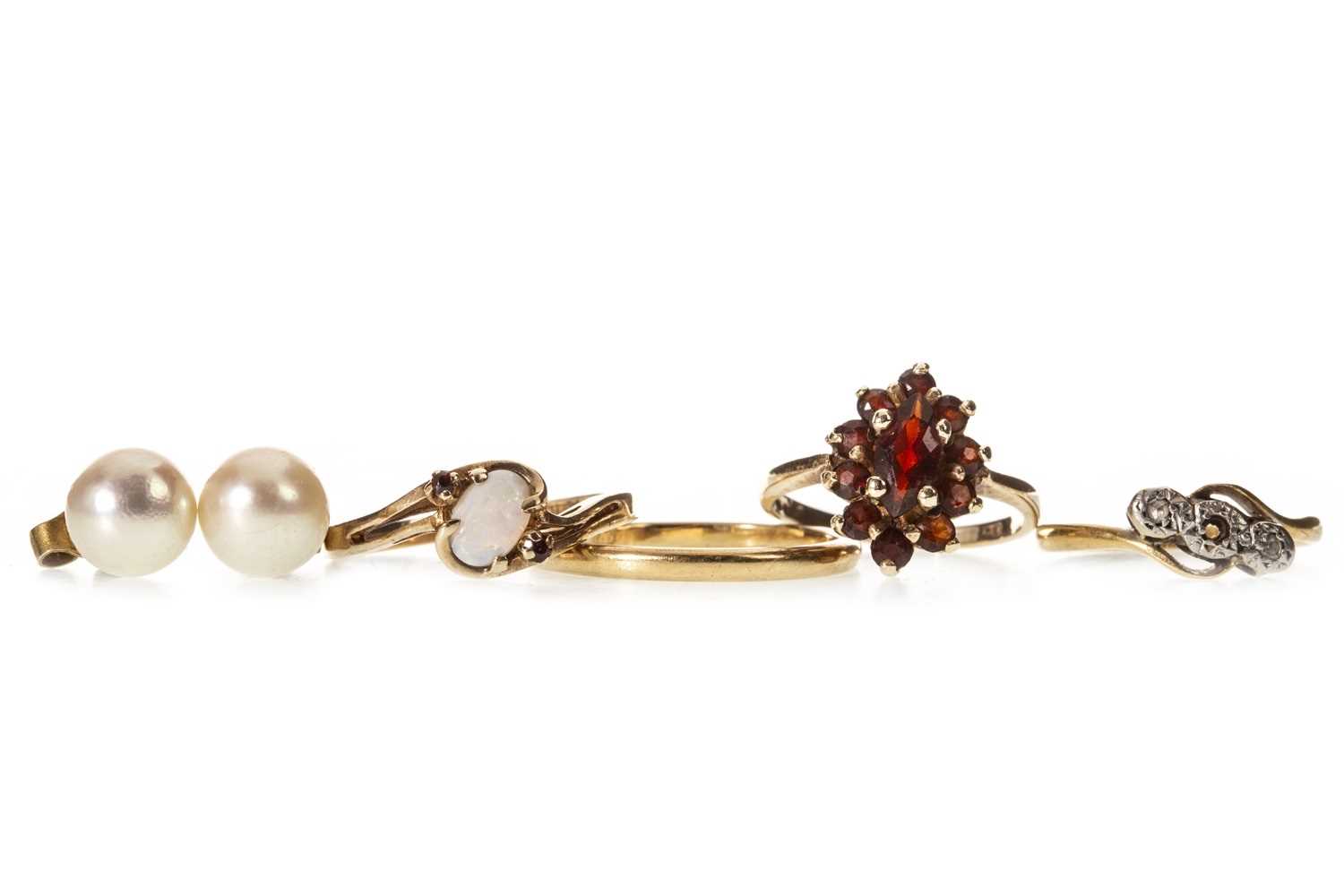 Lot 45 - FOUR RINGS AND A PAIR OF PEARL STUD EARRINGS